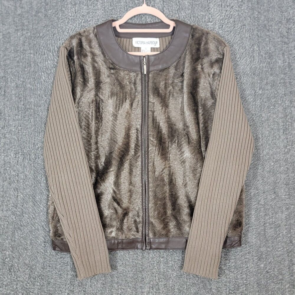 Victoria Harbour Cardigan Jacket Womens XL Brown Faux Fur Sweater Leather Trim